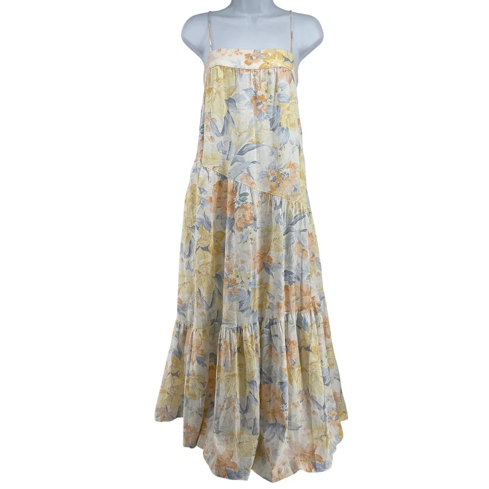 Abercrombie & Fitch Asymmetrical Floral Maxi Dress XS Cream Yellow Tiered Boho